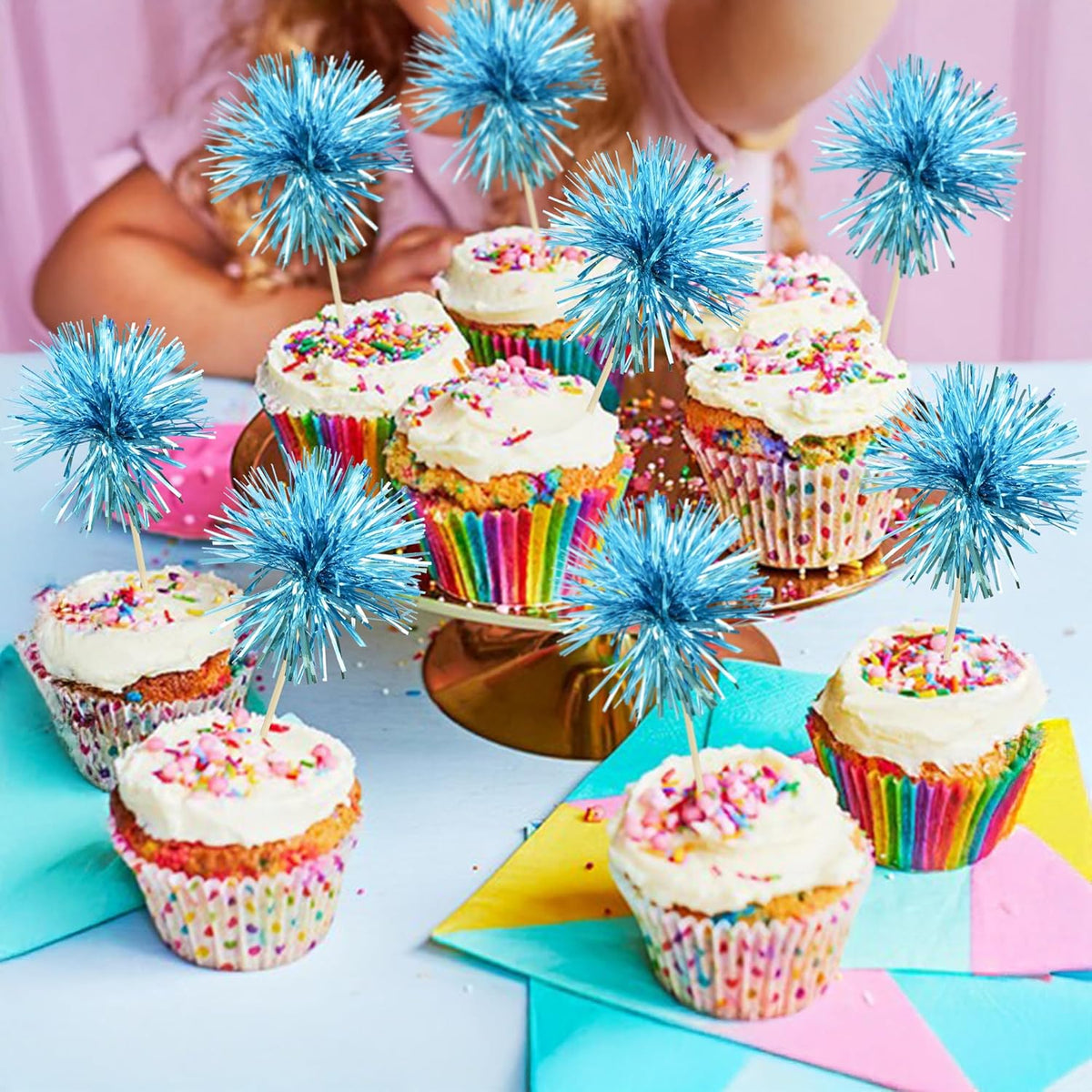 Ephlyn 30Pcs Foil Firework Cupcake Toppers Sparkle Tinsel Cupcake Picks Happy Birthday Cake Toppers