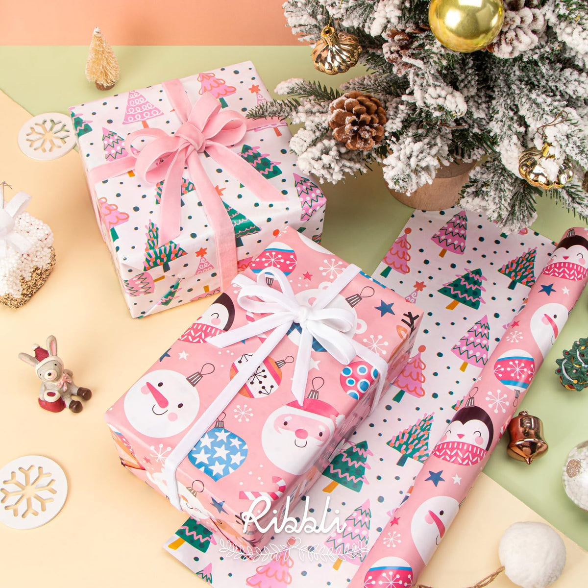 Ribbli Pink Christmas Wrapping Paper Reversible Cute Christmas elements Gift Wrapping Paper Rolls