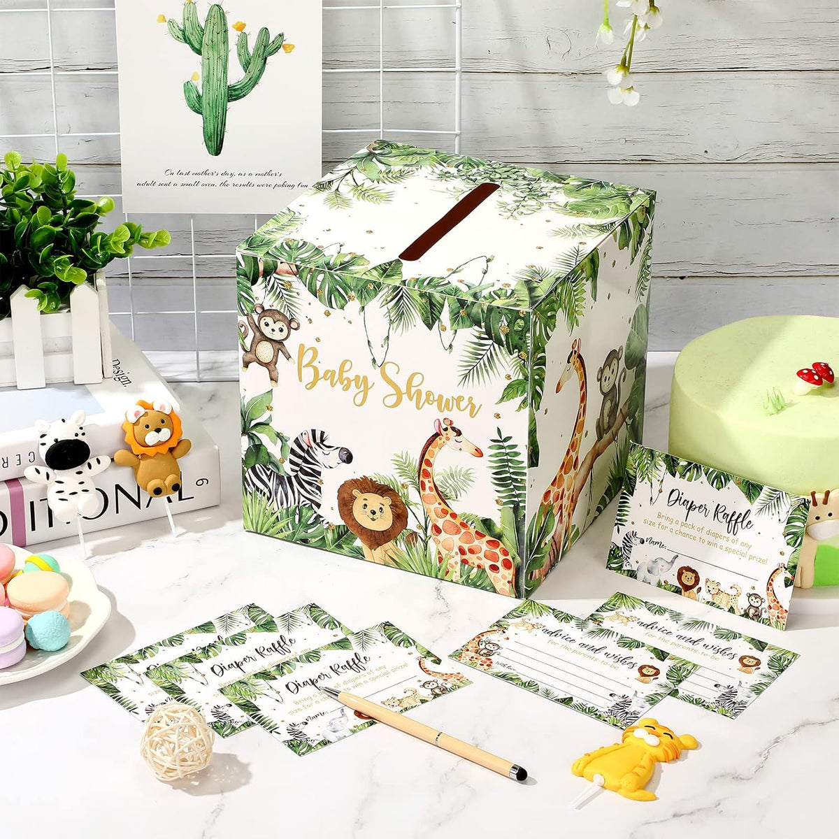 51 Pieces Woodland Baby Shower Card Box and Advice Cards, Diaper Raffle Game Box Tickets, Animals
