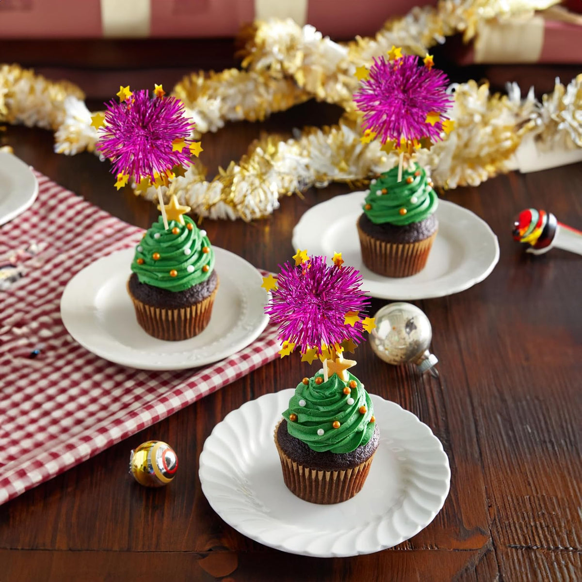 Ephlyn 30Pcs Foil Firework Cupcake Toppers Party Birthday Cake Toppers Supplies Sparkle Tinsel
