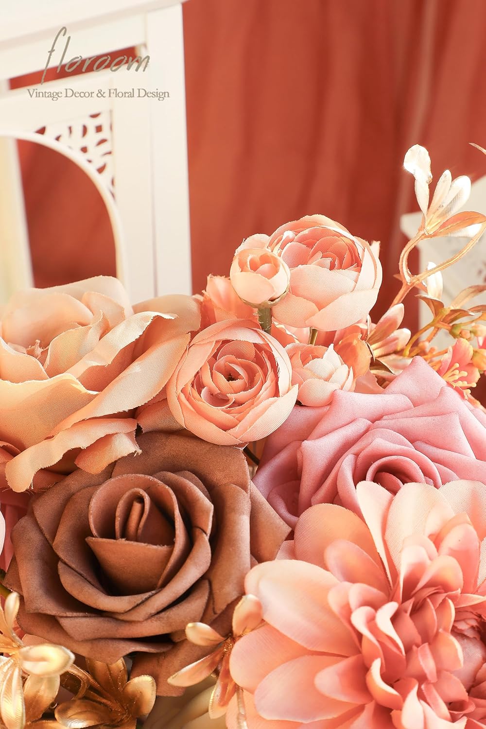 Floroom Terracotta Artificial Flowers Burnt Orange Fake Roses Dahlias and Greenery Combo Box Set