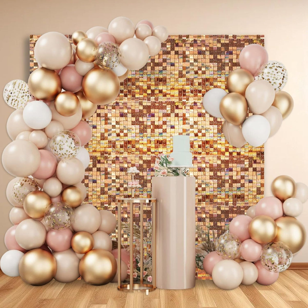 24PCS Champagne Shimmer Wall Backdrop, Laser Square Sequin Photo Backdrops Panel, Glitter Wall