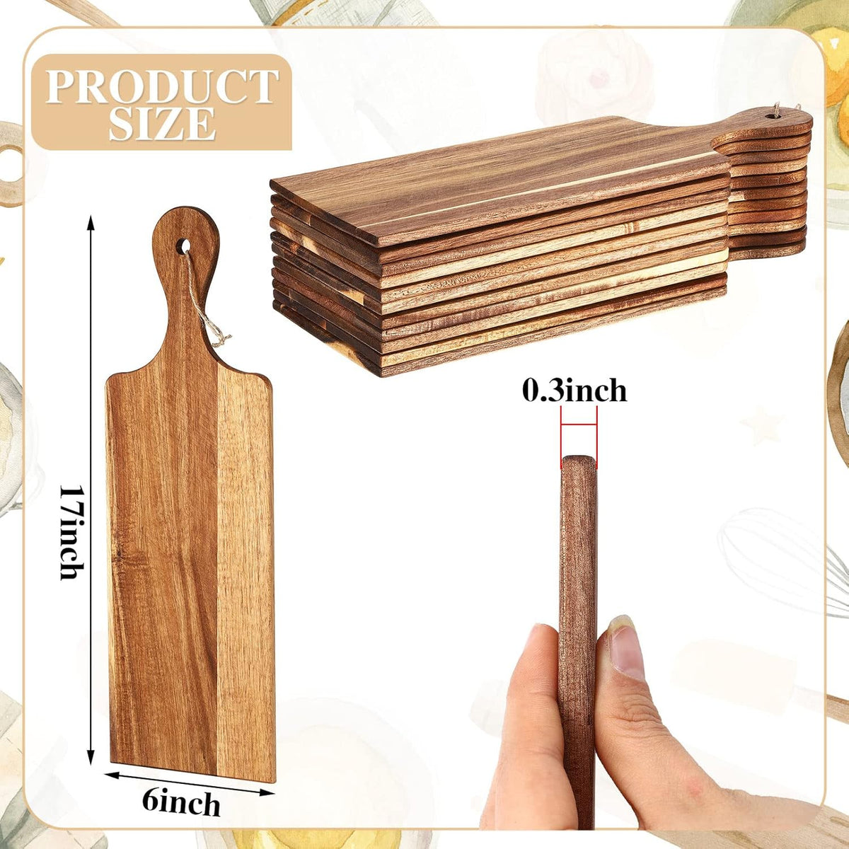 Patelai 12 Packs Wooden Cutting Board Set with Handles Large Kitchen Serving Plain Chopping Board