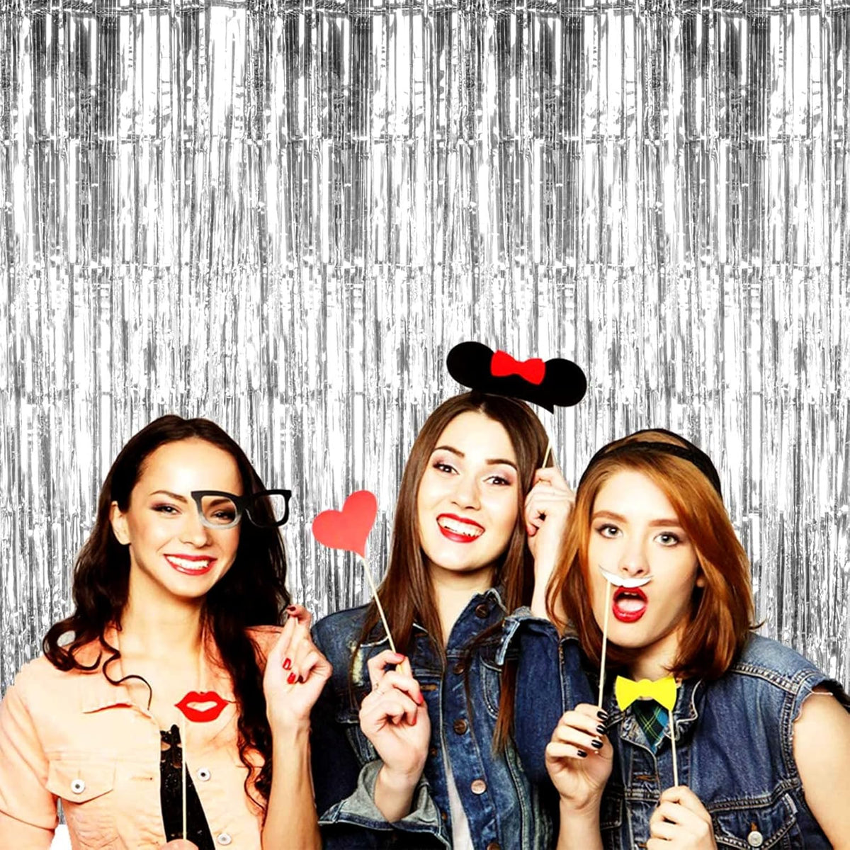 4 Pack Silver Foil Fringe Curtain Backdrop, 3.28Ft x 9.84Ft Metallic Tinsel Streamers Curtains for