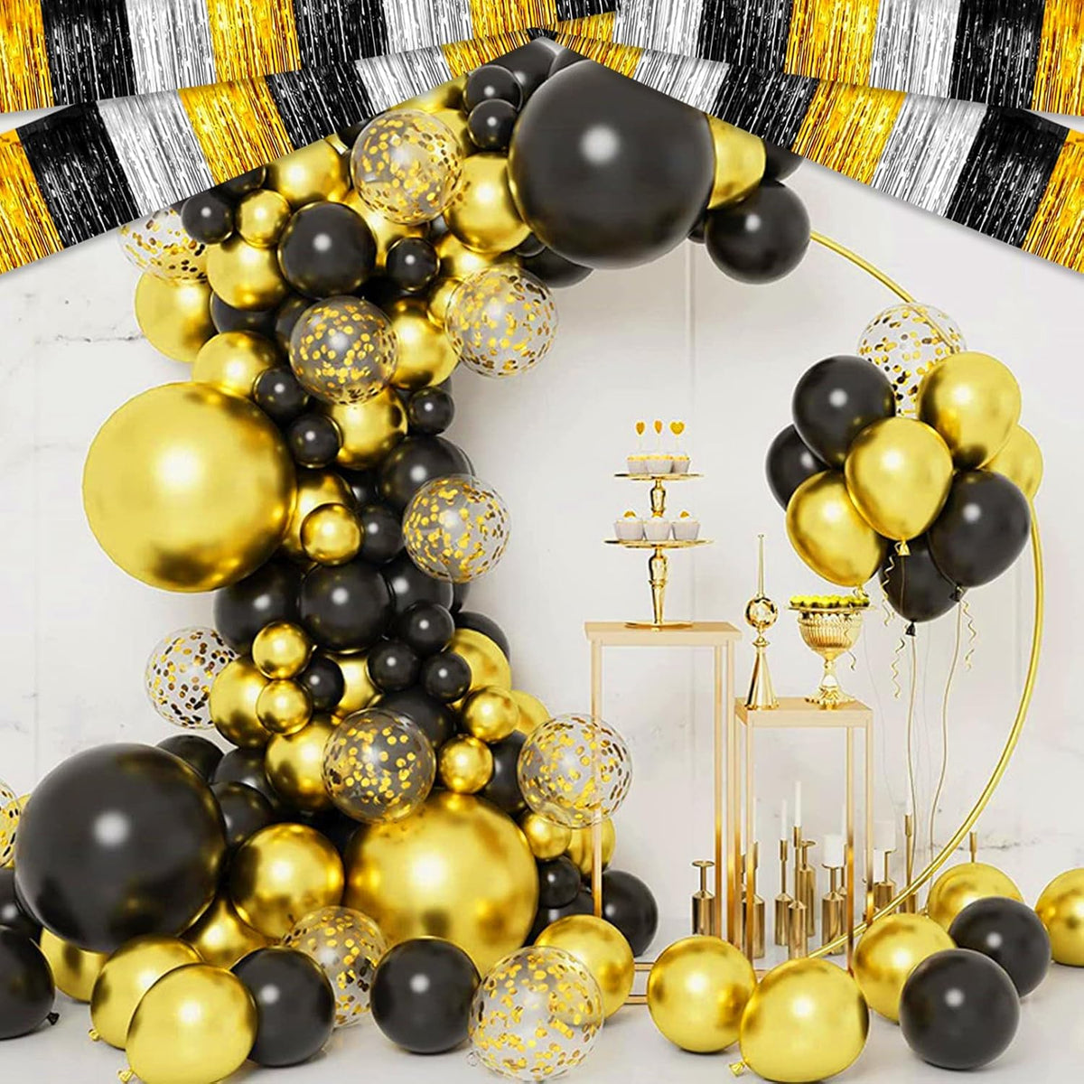 6 Pack 10 Feet Black Gold Silver Foil Fringe Garland Metallic Tinsel Streamers Banner Wall Hanging