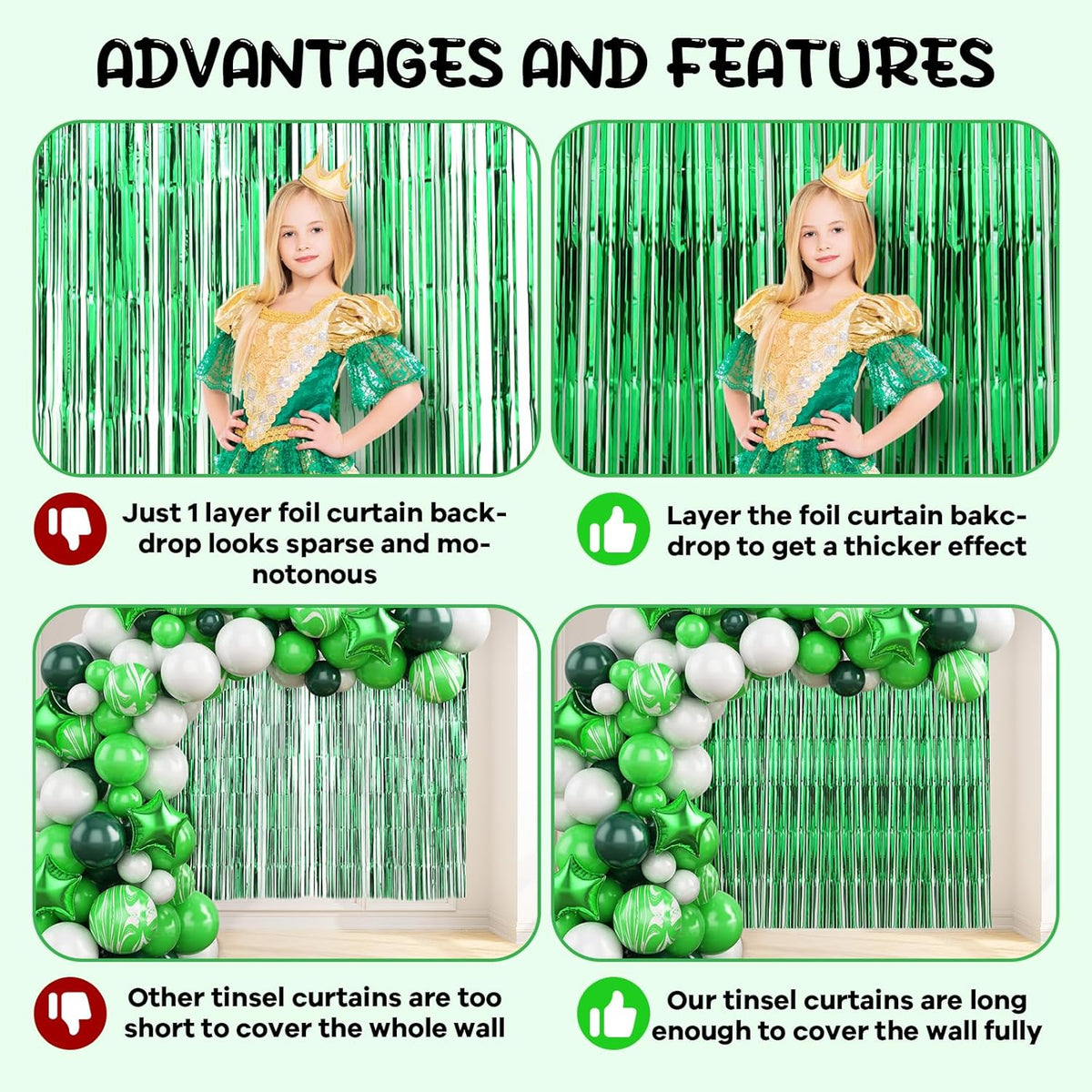 2 Pack Green Foil Fringe Backdrop Curtains, Tinsel Streamers Birthday Party Decorations, Fringe
