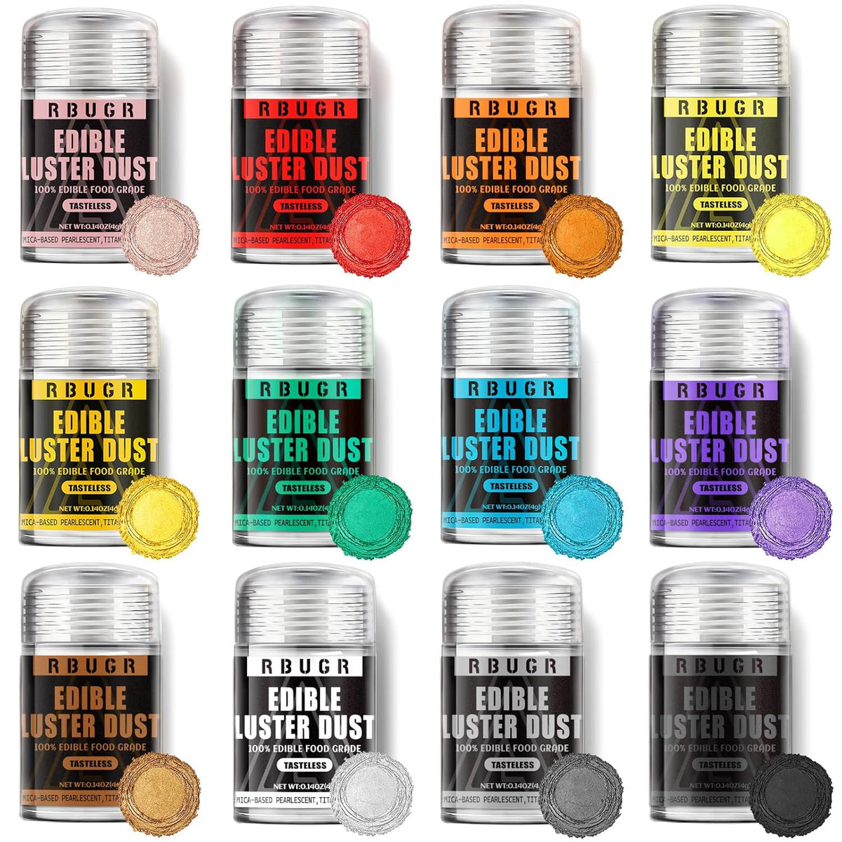 RBUGR Luster Dust Edible, 12 Colors Edible Glitter Pack, Cocktail Food Glitter Edible Dust, Vegan
