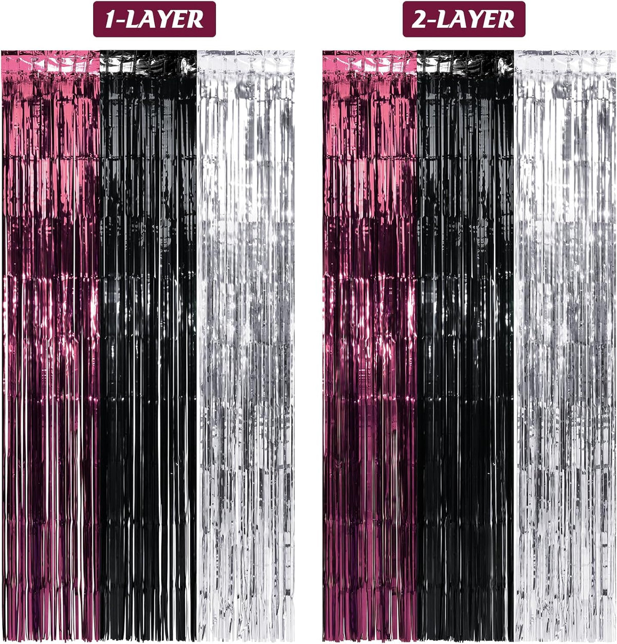 3 Pack 3.3Ft x 6.6Ft Graduation Foil Fringe Curtain Backdrop Decorations, Maroon Black Silver