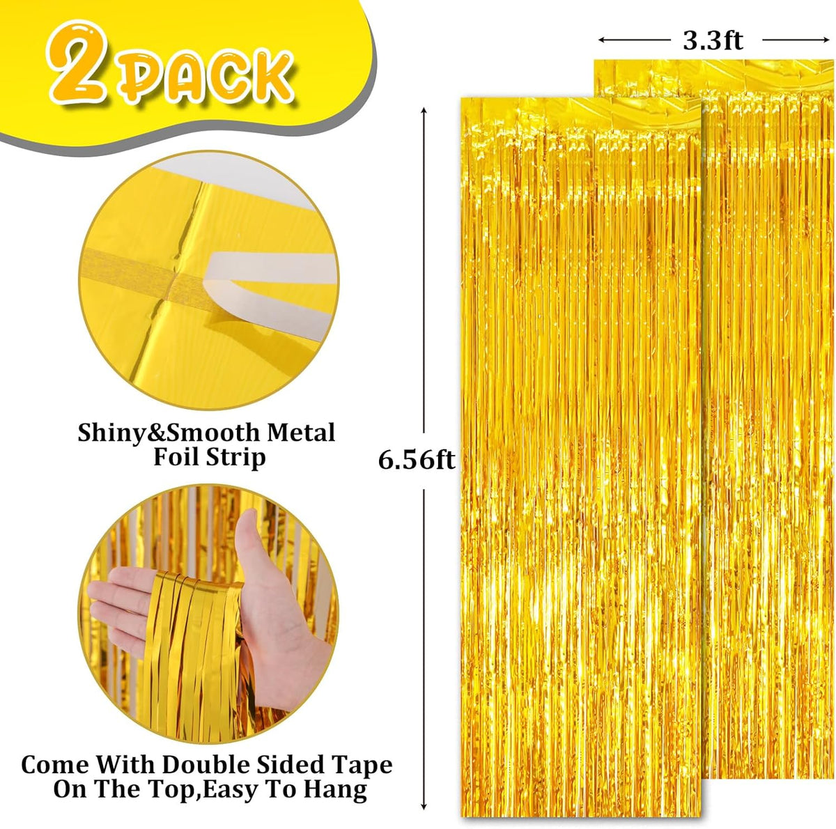2 Pack Gold Tinsel Foil Fringe Curtains, Gold Party Decorations, Metallic Tinsel Party Streamers