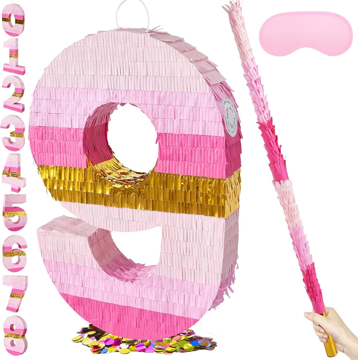 PCFING 20 Inch Number 9 Piñata Pink Gold with 30 Inch Piñata Stick Blindfold Confetti for Boys
