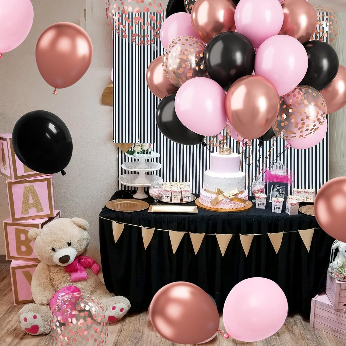 Paready Black Pink Latex Balloons, 60 Pcs 12 Inch Metallic Rose Gold and Confetti Balloons for