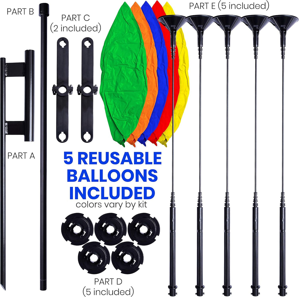 Reusable Balloon Cluster Kit with Ground Spike - Multi Color Balloons - No Helium - Weatherproof