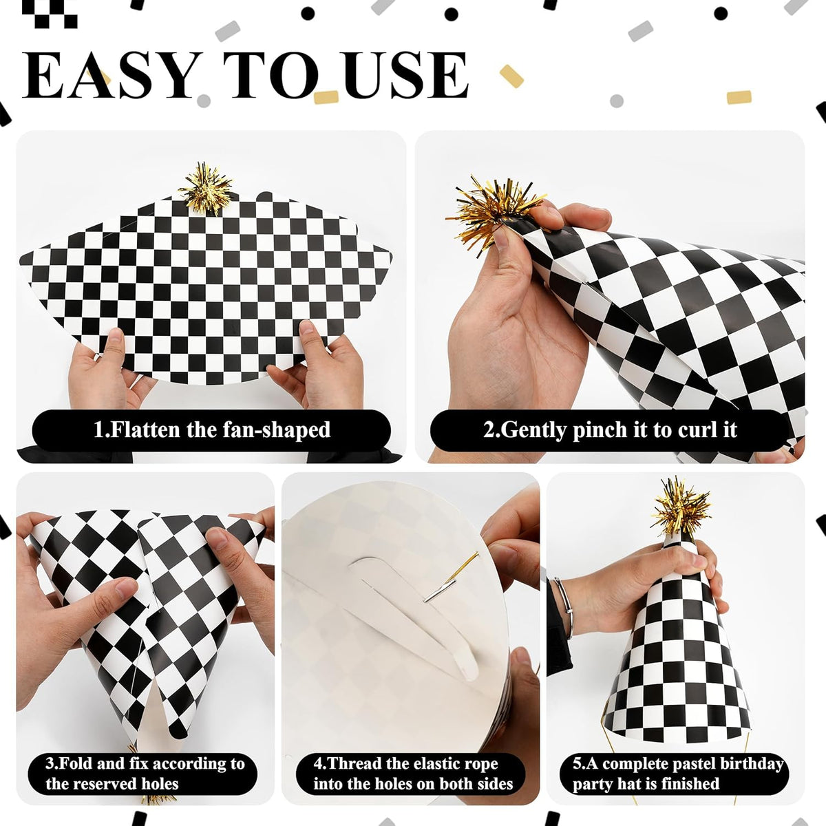 48 Race Car Birthday Party Hats Race Car Party Supplies Include Black White Checkered Cone Hats