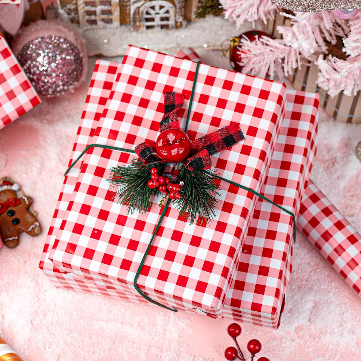 Burymento Red Checkerboard Wrapping Paper, Gift Wrap for Birthday, Valentines, Mothers day