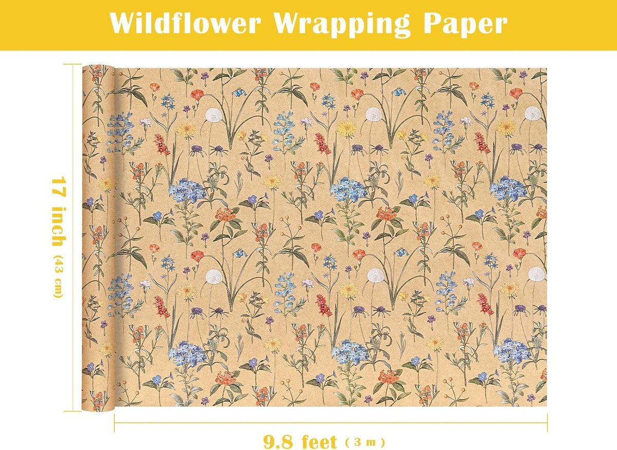 WRAPAHOLIC Kraft Floral Wrapping Paper Roll - Mini Roll - 17 Inch x 9.8 Feet - Wildflower Wrapping