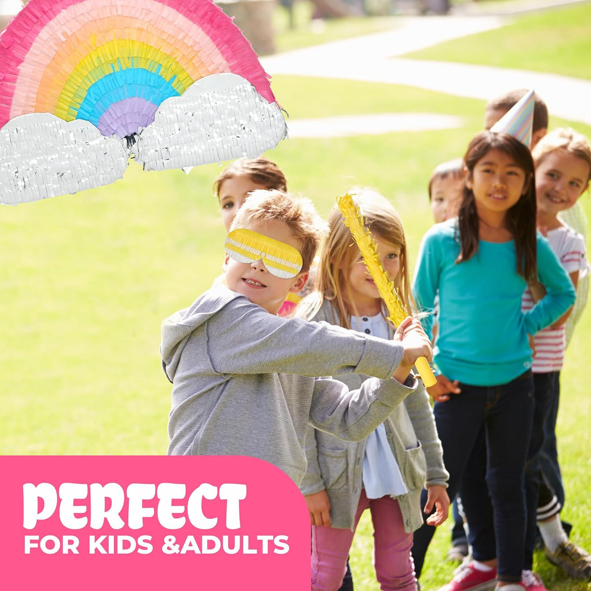 Rainbow Pinatas Bundle with a Blindfold and Bat (16.5x8.5x3.5 Inches), Rainbow Pinatas for Girls