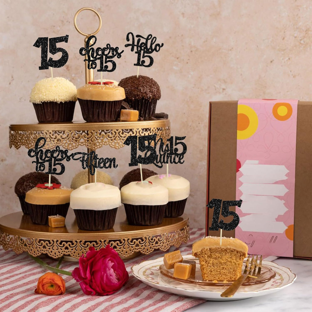 30Pcs 15th Birthday Cupcake Toppers Fifteen Cupcake Picks Cheers to 15 Years Old Mis Quince 15 Cake