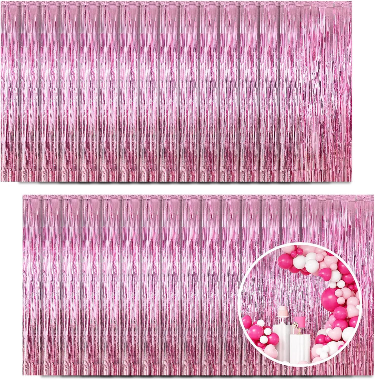 30 Pack Pink Foil Fringe Curtain Backdrop, 3.3x8.2 Feet Metallic Tinsel Streamer Curtains Photo