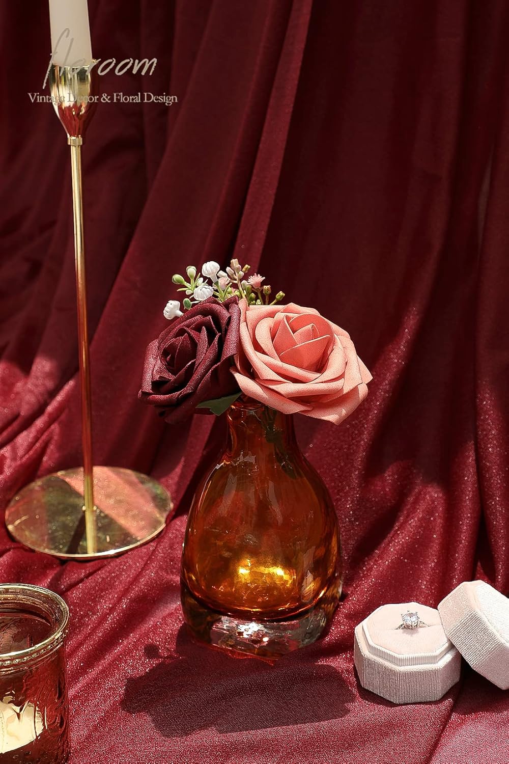 Floroom Artificial Flowers 25pcs Real Looking Burgundy & Pinky Cedar Foam Fake Roses with Stems for