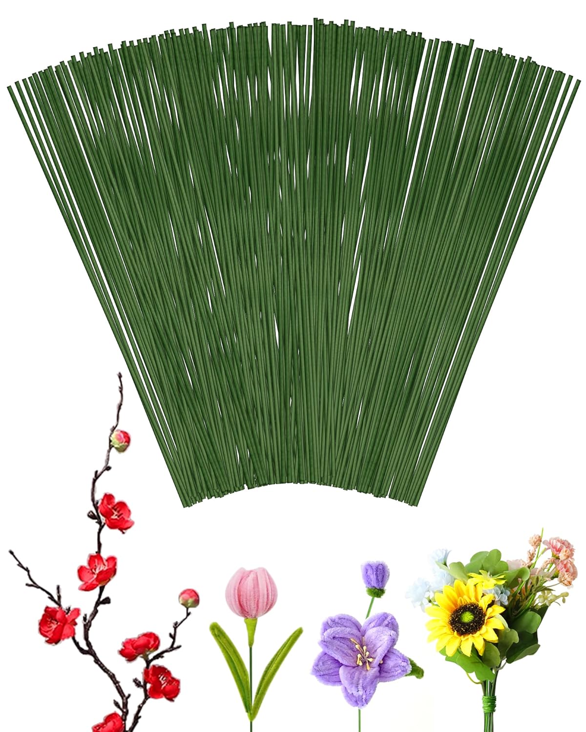100 PCS FIVEIZERO 18 Gauge Green Floral Wire Stems for Artificial Flower Making,Florist Wire,Flower