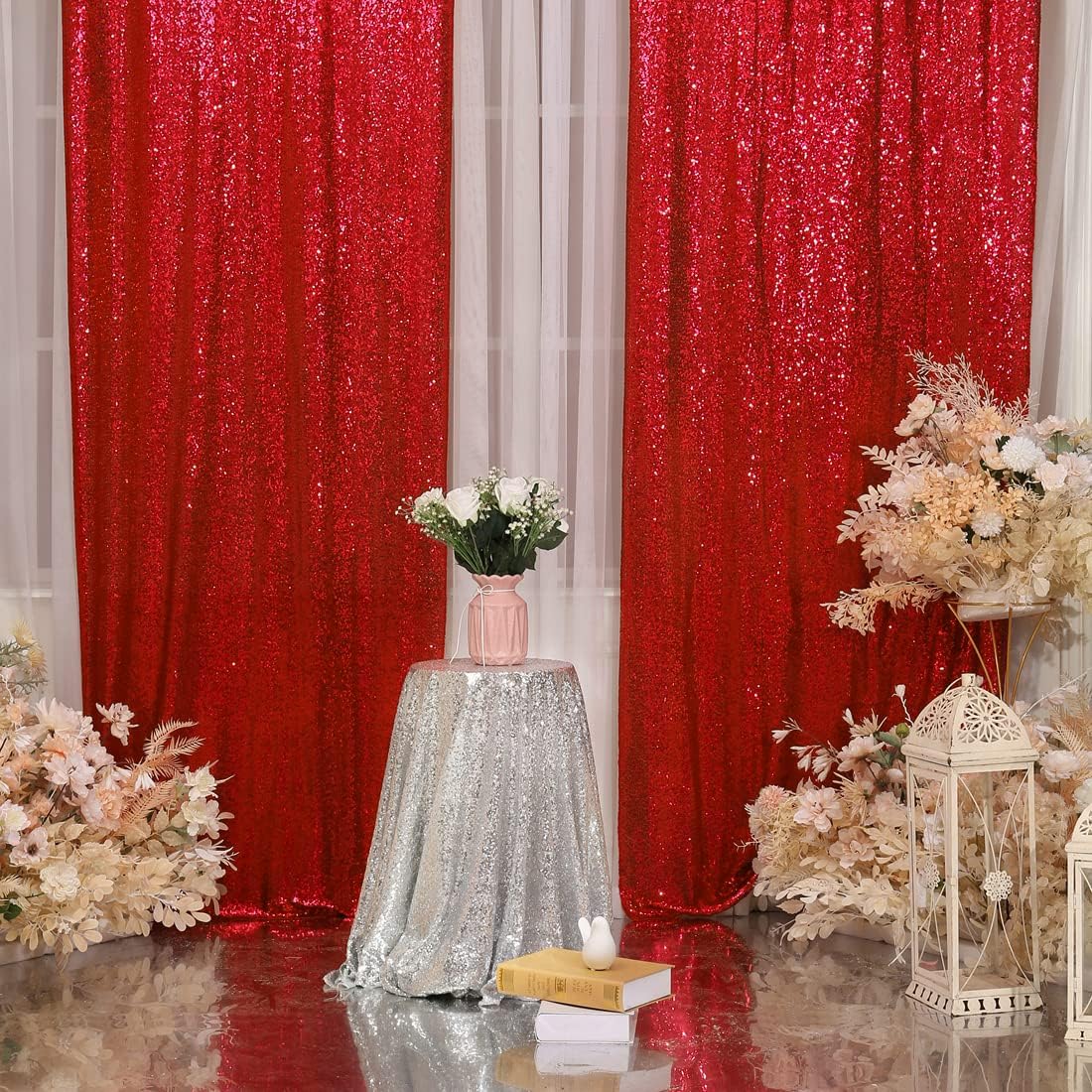 Red Sequin Backdrop Curtains,2ft x 8ft Sequin Photography Backdrop Curtain 2 Panels for Party