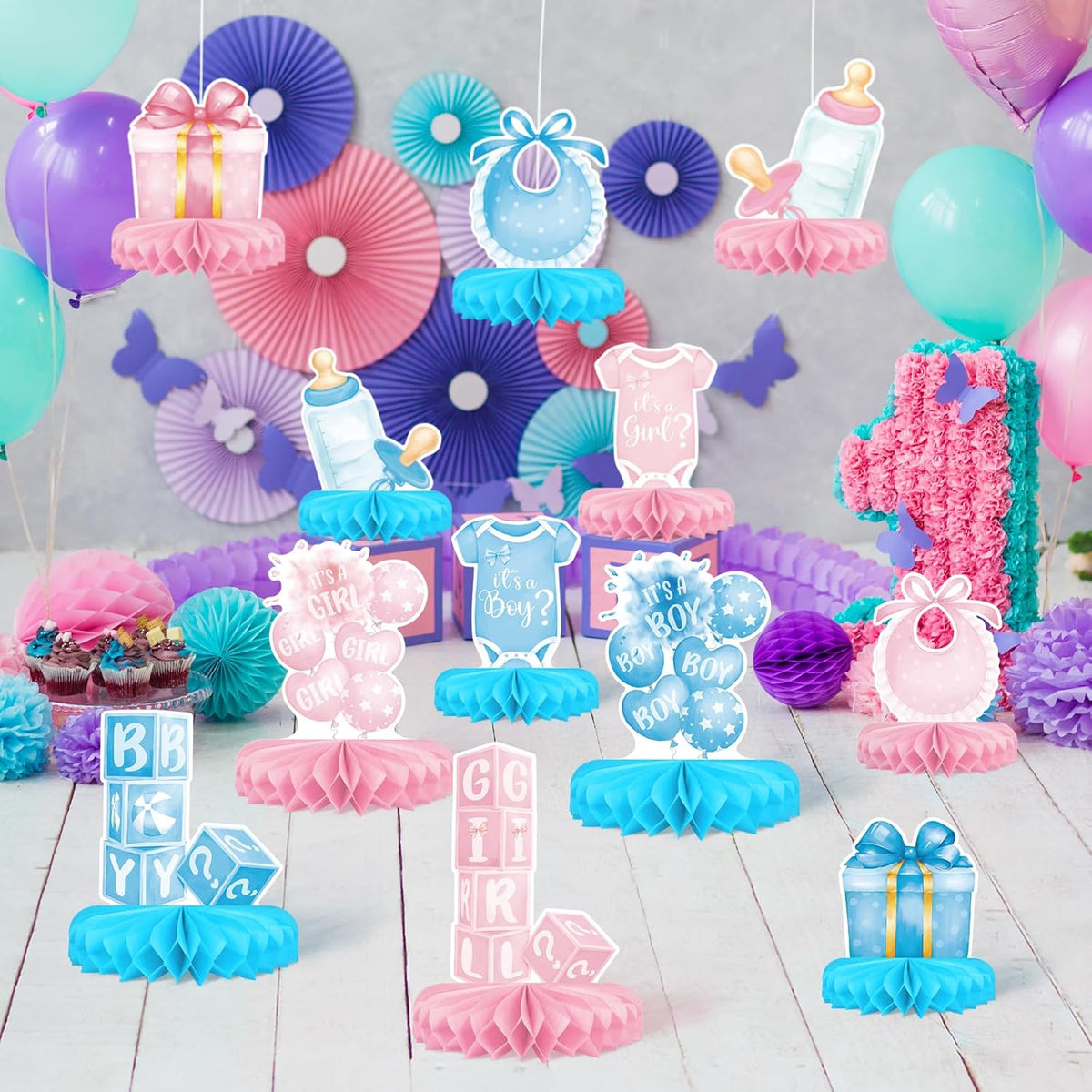 Gender Reveal Decoration Set - Includes Baby Reveal Table Decorations with Honeycomb Centerpiece