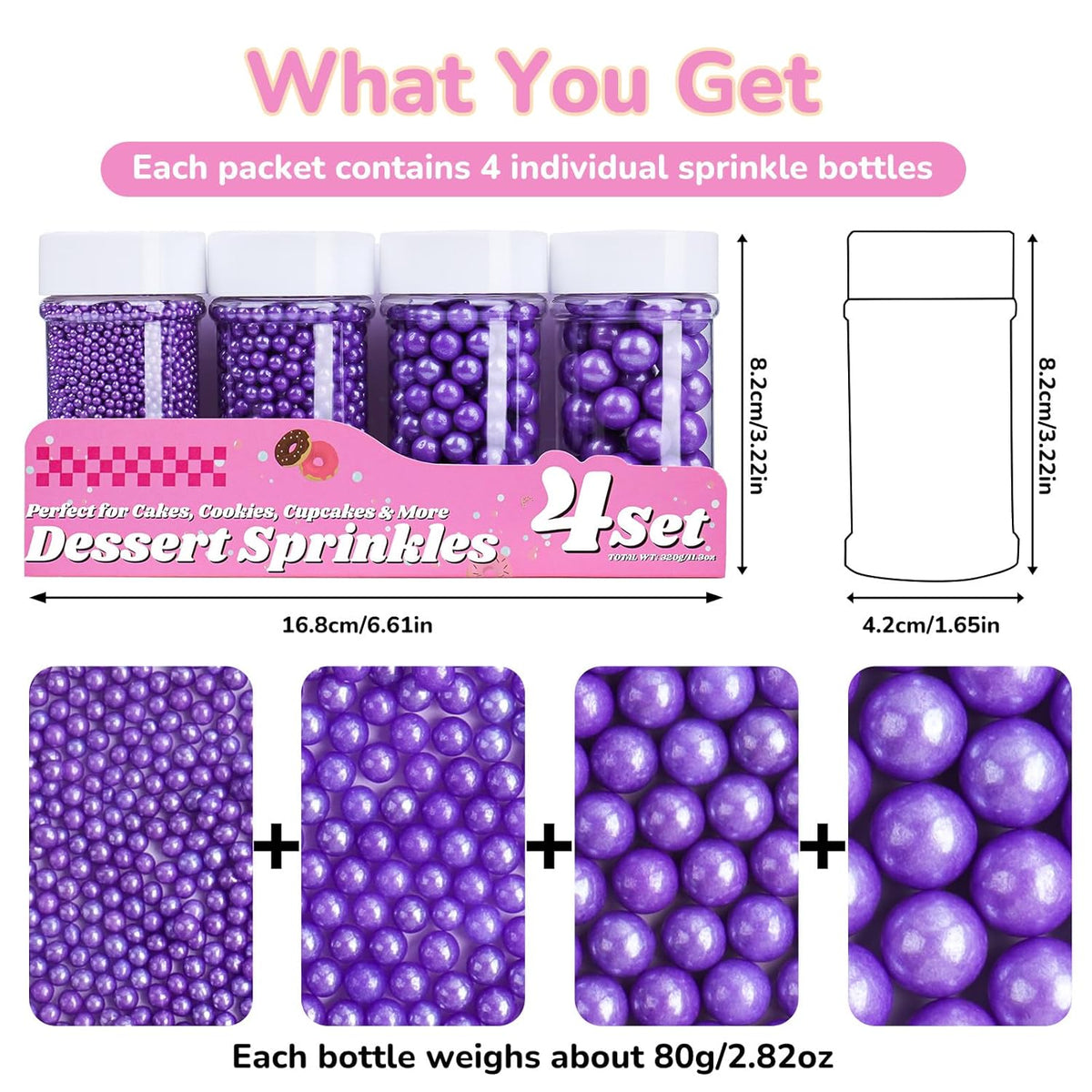 Purple Pearl Sprinkles for Cake Decorating, 11.3 Oz Edible Pearls Sugar 4 Sizes Gift Box Set for