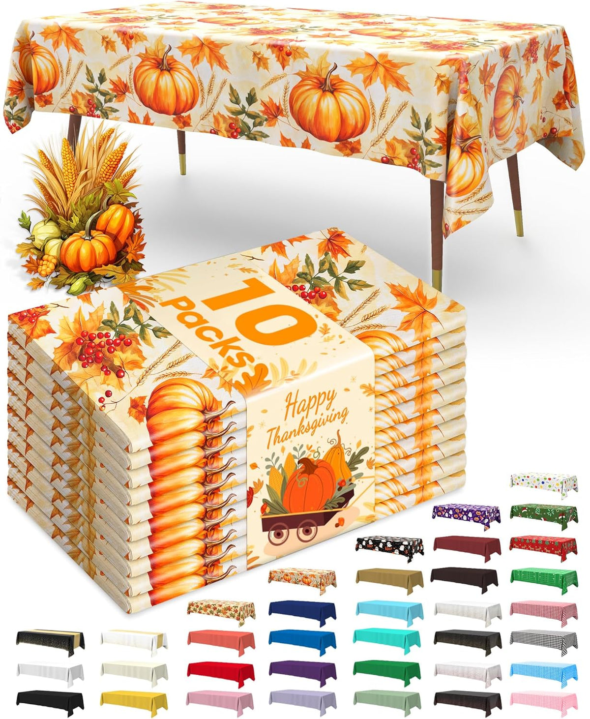 Pureegg Plastic Table Cloth Disposable 10 Pack, 54 x 108 Inch Table Cloths, Thanksgiving
