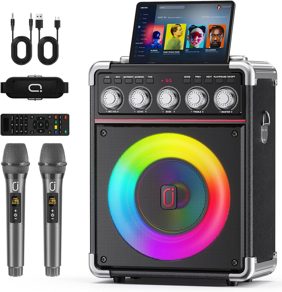 Karaoke Machine with 2 Wireless Mics for Adults Kids | Bluetooth 5.3 Speaker with Bass/Treble/Echo
