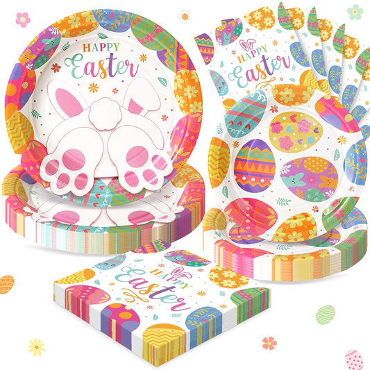 Fighting to Achieve Happy Easter Plates and Napkins, 72PCS Colorful Easter Party Supplies, Bunny