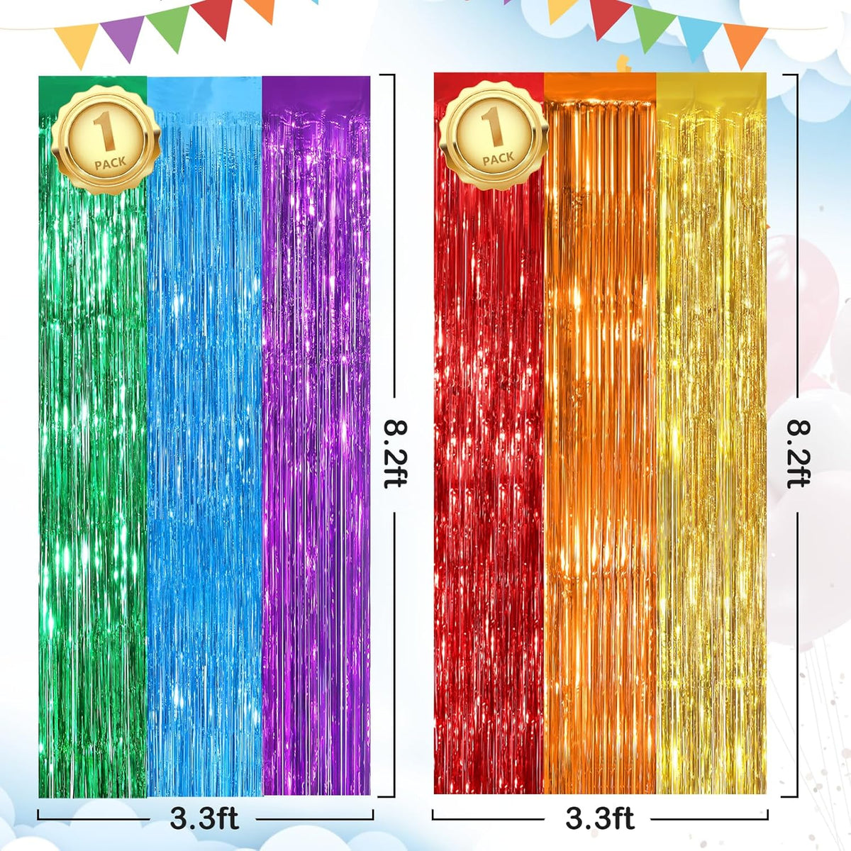 Rainbow Fringe Curtain Party Streamers 2Pack 3.3 x 8.3 Ft Foil Fringe Backdrop Curtains for