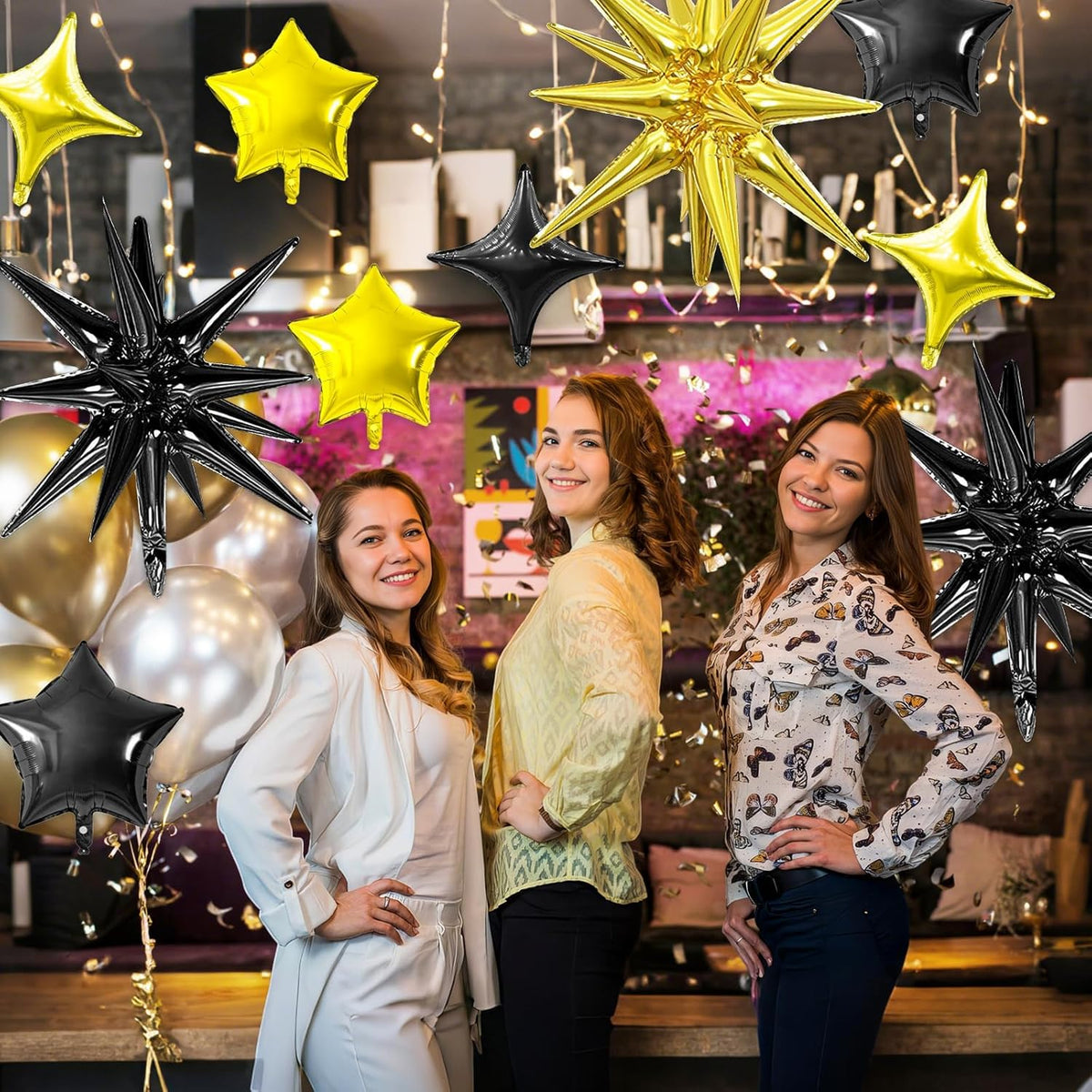 Black Gold Star Balloon,16Pcs Star Foil Balloons Set with 22Inch Explosion Spike Cone Balloons and