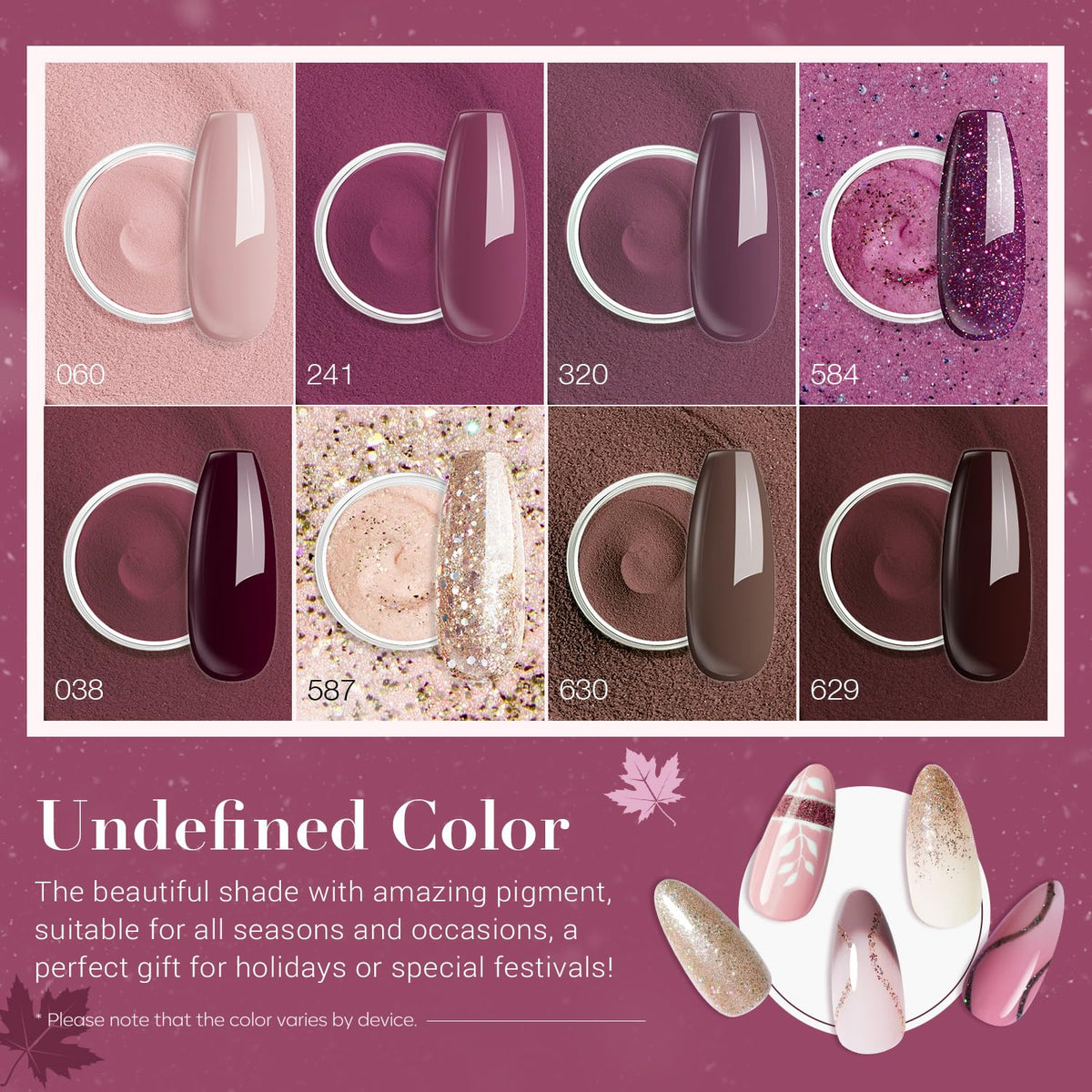 AZUREBEAUTY Dip Powder Nail Kit Starter Glitter Purple Nude Brown 8 Colors 30 Pcs with Nail Swatch