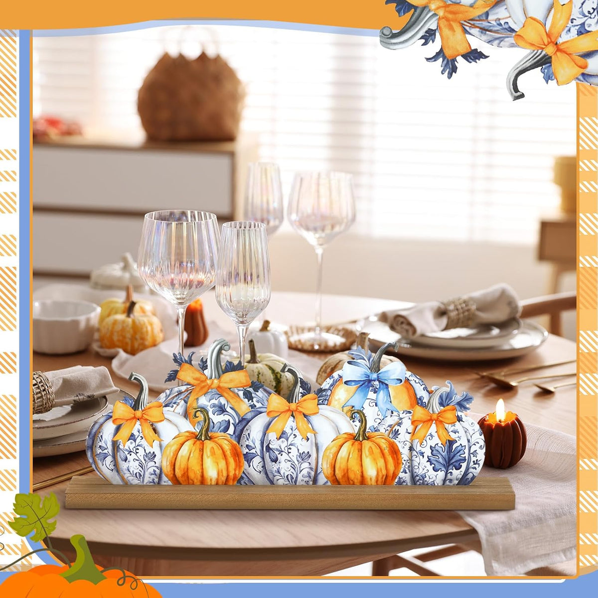Fall Pumpkin Metal Sign Chinoiserie Pumpkin Table Decor Thanksgiving Tiered Tray Decor with Wooden