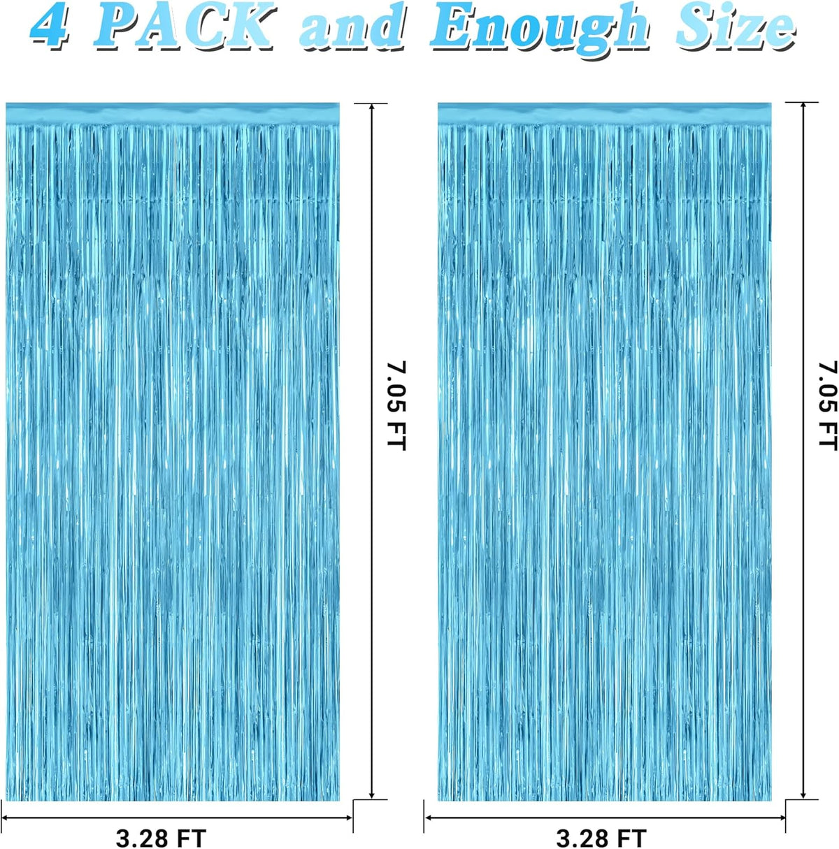 4 Pack Party Decorations, 3.28 FT x 7.05 FT Blue Foil Streamers, Metallic Sky Blue Backdrop Fringe