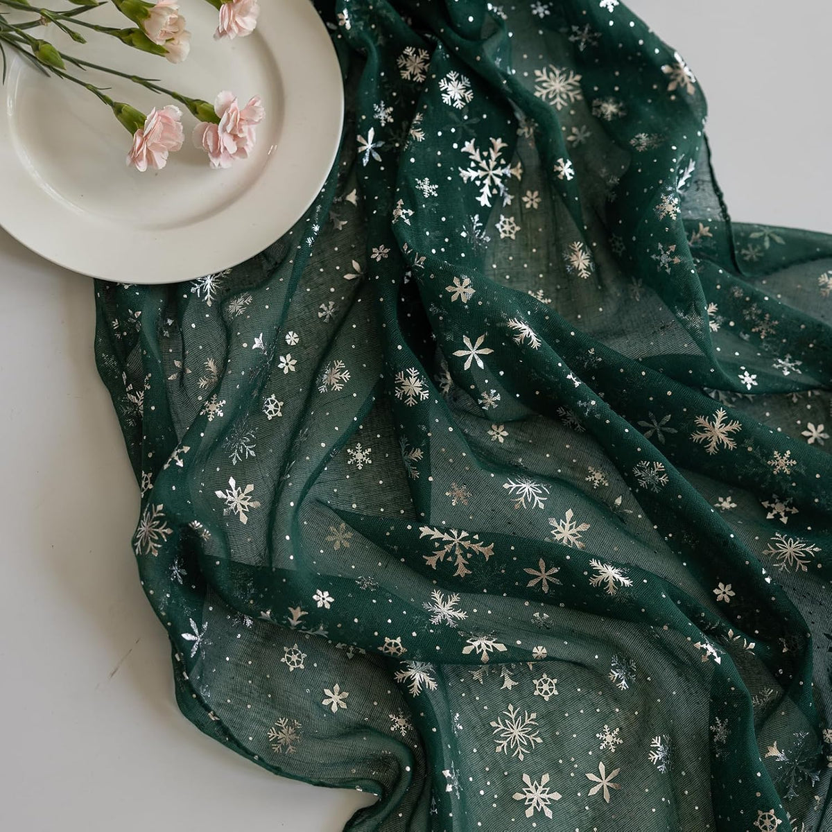 Silvery Snowflake Metallic Print Tulle Christmas Table Runner, Seasonal Winter Kitchen Dining Table