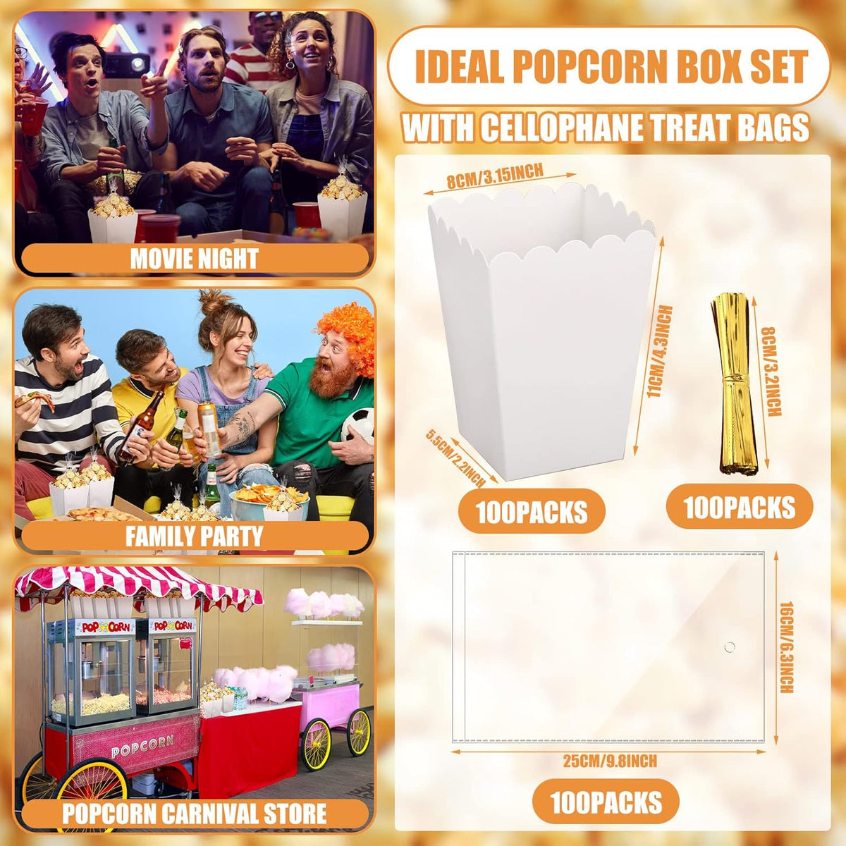 Zopeal 200 Pcs Mini Popcorn Boxes and Clear Treat Bag Set, Bulk Popcorn Bags Open Top Paper Popcorn