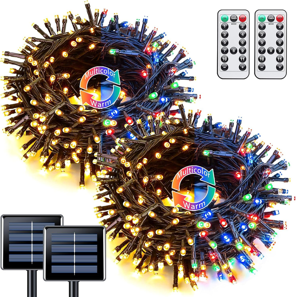 JMEXSUSS 2 Pack Warm White & Multicolor Solar Christmas Lights Outdoor, Each 100 LED 33ft Solar