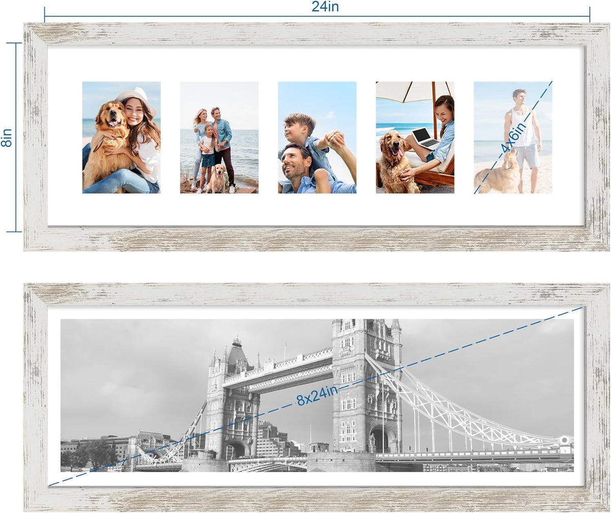 8x24 Picture Frame 2 Pack, Distressed White Wood Frame with Tempered Glass, Display Pictures