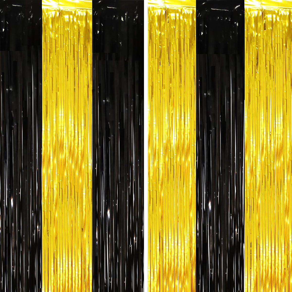 2 Pack Black and Gold Tinsel Foil Fringe Curtains, Black and Gold Party Decorations, Metallic