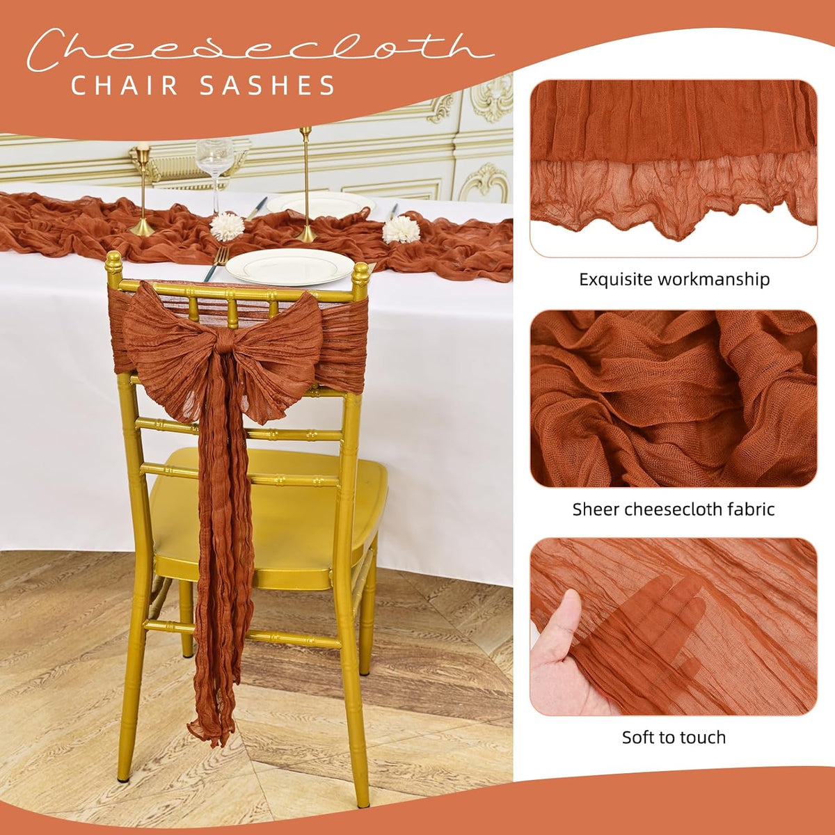 50 PCS Cheesecloth Chair Sashes, Bows Designed ChairSashes, 15.7x108 inch Chair Sashes for Aisle