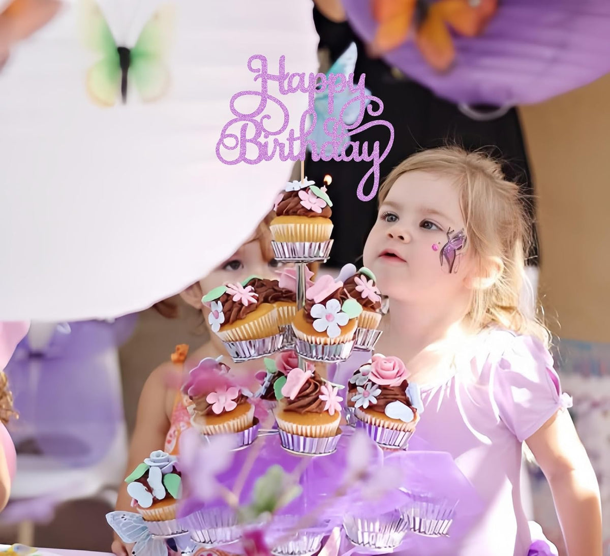 Happy Birthday Cake Topper - Purple Glitter Birthday Party Cake Decoration Supplies - Happy