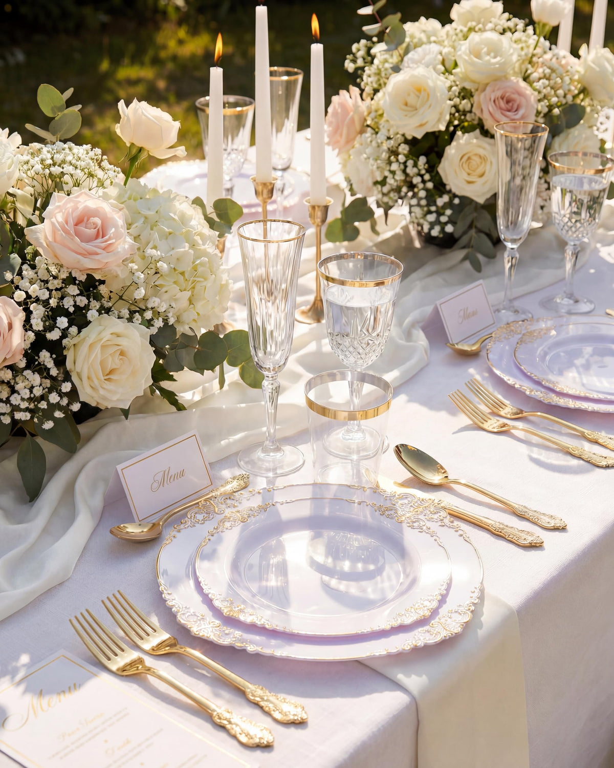 Nervure 350Pcs Gold Plastic Plates, Disposable Dinnerware Set for 50 Guests