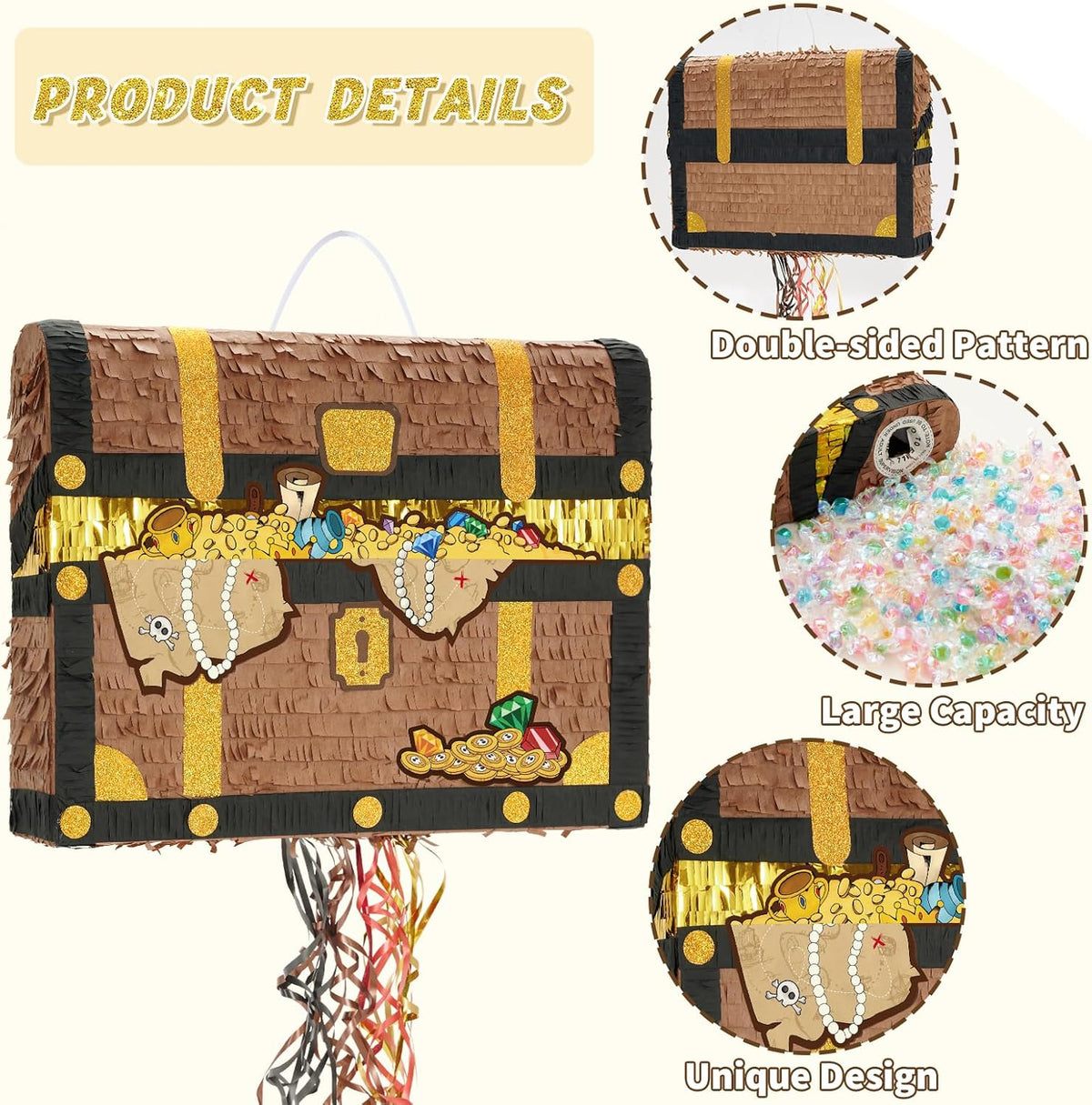 WERNNSAI Treasure Chest Piñata - Pull String Pirate Themed Piñata with Blindfold and Bat Adventure