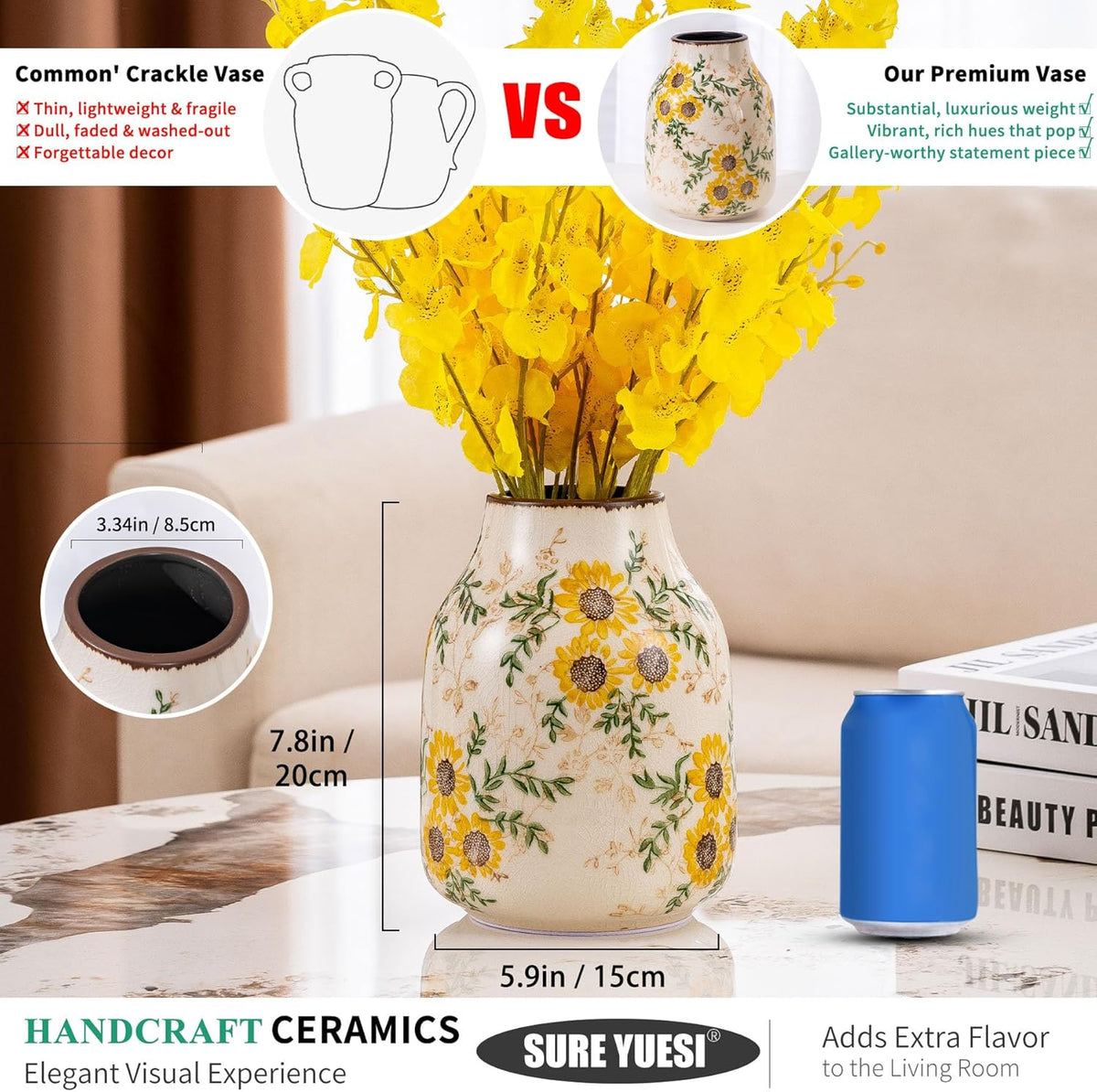 Sunflower Vintage Ceramic Yellow Floral Vase, Beige and Green Chinoiserie Home Decor for Fireplace