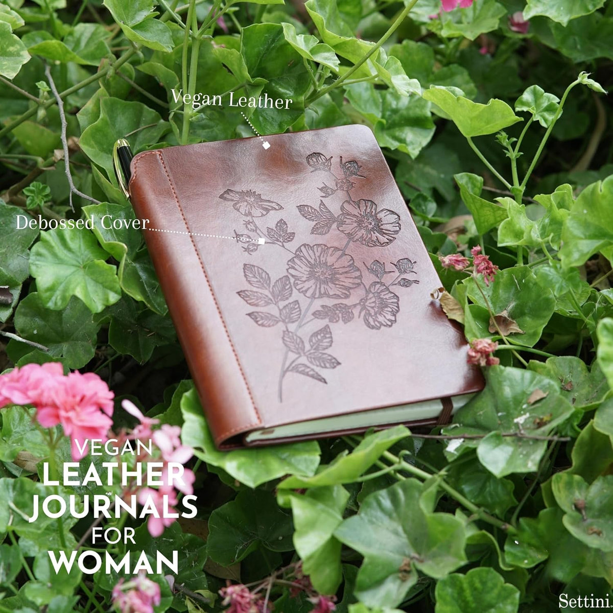 SETTINI® Lined Journal - Flower Journal for Writing Gift Set - Hardcover Vegan Leather, Unique Pen