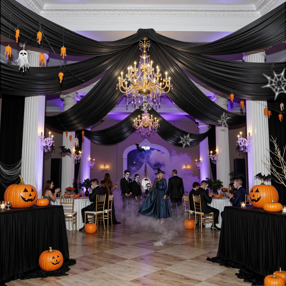 PartyVillage 10ftx40ft Black Ceiling Curtain for Halloween Parties – 2 Panels Wrinkle-Free 40 FT