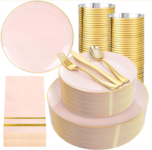 NOCCUR 350PCS Pink and Gold Plastic Plates - Pink Disposable Plastic Dinnerware Set for 50 Guests