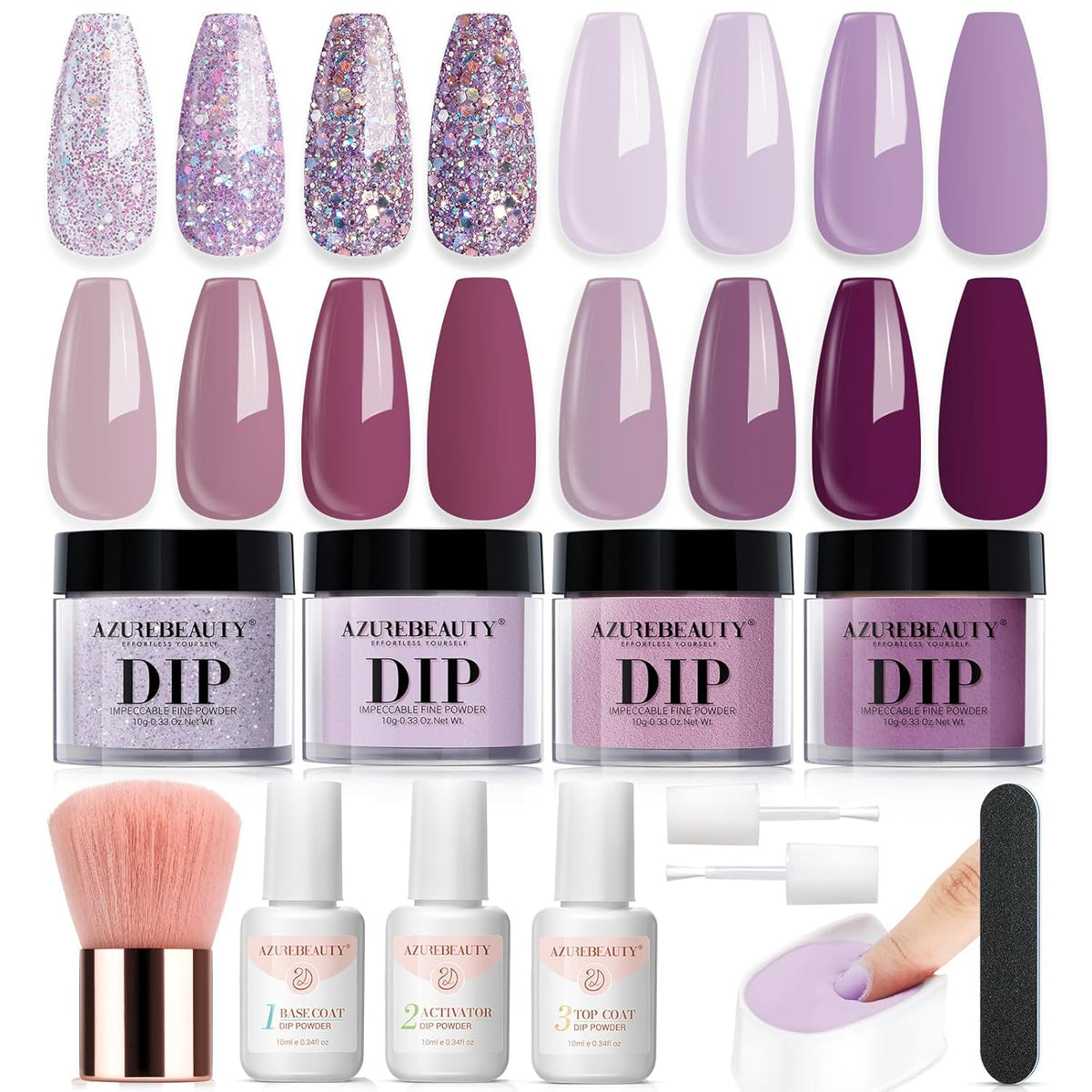 AZUREBEAUTY Dip Powder Nail Kit Dark Purple Lilac Purple Glitter 4 Colors Dip Liquid Set with