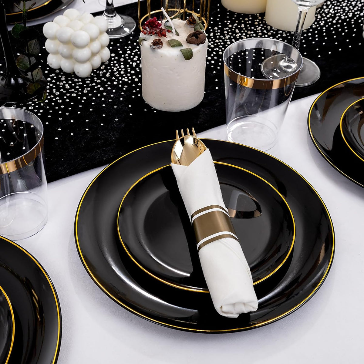 KIRE 350 PCS Plastic Dinnerware Set for 50 Guests - Black and Gold Plates 50 for Dinner 50 for